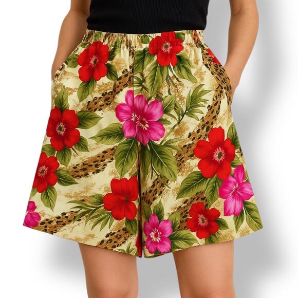 Vintage Pants - Vintage 90s Mom Shorts Leopard Animal Print Hibiscus Floral Tan Fuchsia Pink